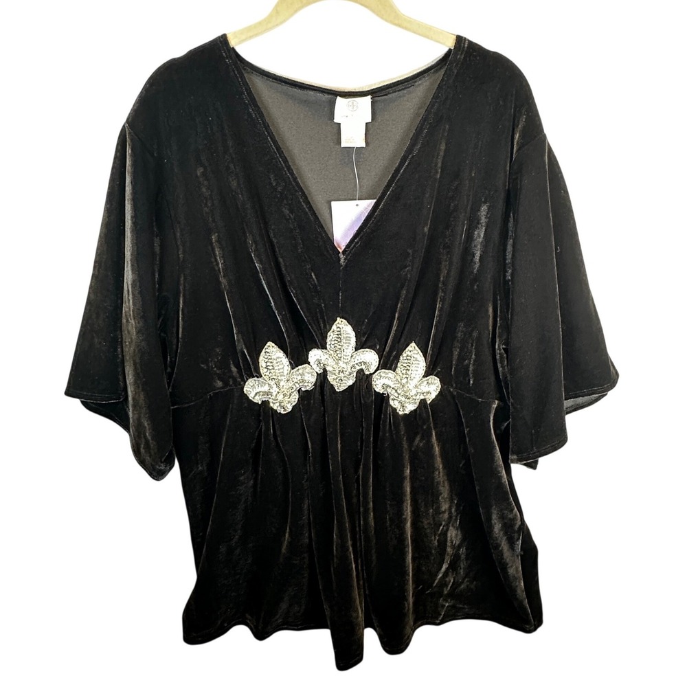 Hot In Hollywood Black Velvet V-Neck Top Sequin Fleur De Lis Y2K Short Sleeve